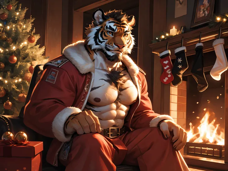 Best quality, masterpiece,ultra high res,detailed background,realistic, real shadow and light,depth of field, looking at the viewer, strong arm and veins, Close up, there is a male Tiger, fluffy furry, commission for high res, bare chest, anthropomorphic, ...