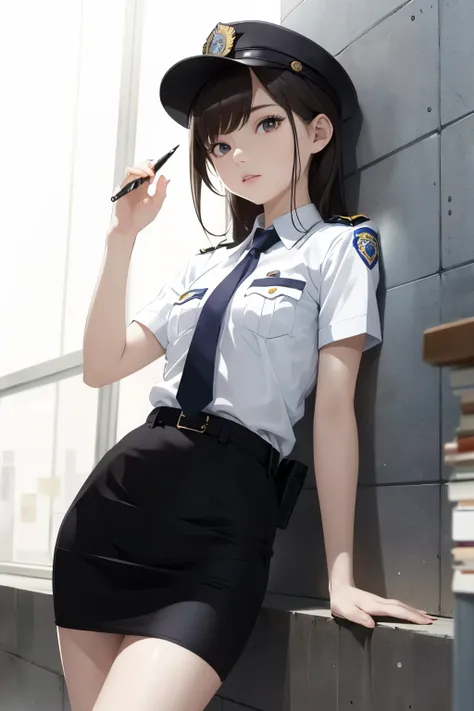 masterpiece,little 1girl,15歳,petite,small breasts,pale skin,(policewoman),pencil skirt