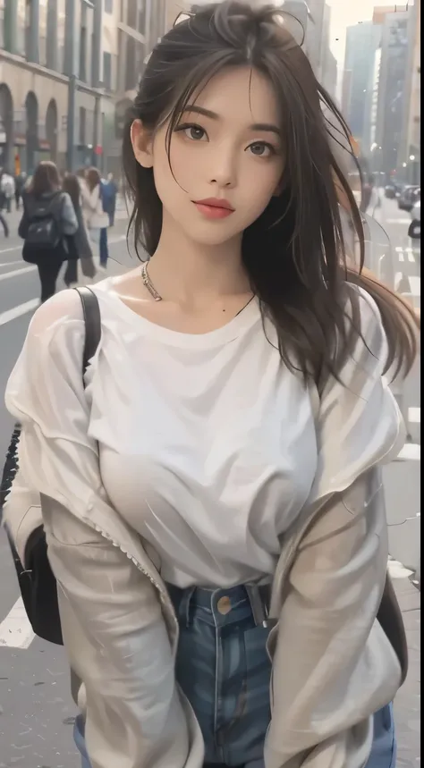 best quality,master piece,8K ultra-high resolution,(Realistic:1.2),RAW photography,(evening street),1 huge breasts,black eyes,looking at the viewer,white long hair,light makeup,split lips,small ears,white t-shirt,denim short,耳Nipple Ring,let me ride in the...
