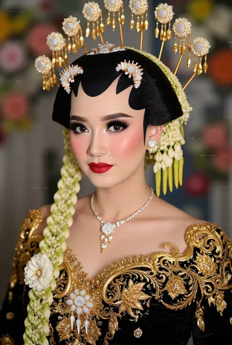 Very beautiful dreamy girl, supermodel face,,(masterpiece, best quality:1.2), 1girl, Alone, black Javanese Traditional, quite , doggy style pose,flower, blur colorful background