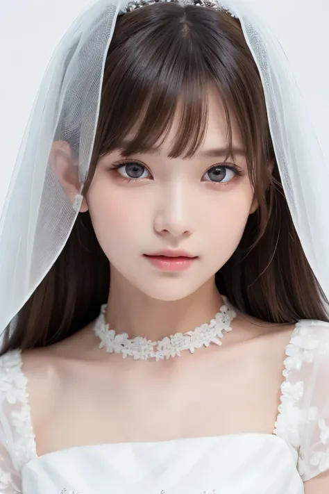 1girl, (a beauty girl, delicate girl, beautiful girl, innocent girl:1.3), (12yo:1.3),
break, (wedding dress, white veil, shortsleeve, longskirt:1.3),
break, (white bouquet, white background:1.3),
break, very fine eyes, (symmetrical eyes:1.3),
break, (flat ...