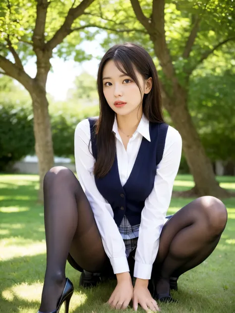  ulzzang-6500-v1 .1, ( RAW photos :1.2), ( Photorealistic), (Genuine:1.4), １Mature Woman,  Perfect Anatomy, 4,  plump body:0.5,  viewers of the pin, Medium-length hair,  vest,  Plaid Skirt, ((Sit on the grass and spread your legs:1.0)), (  super real panty...