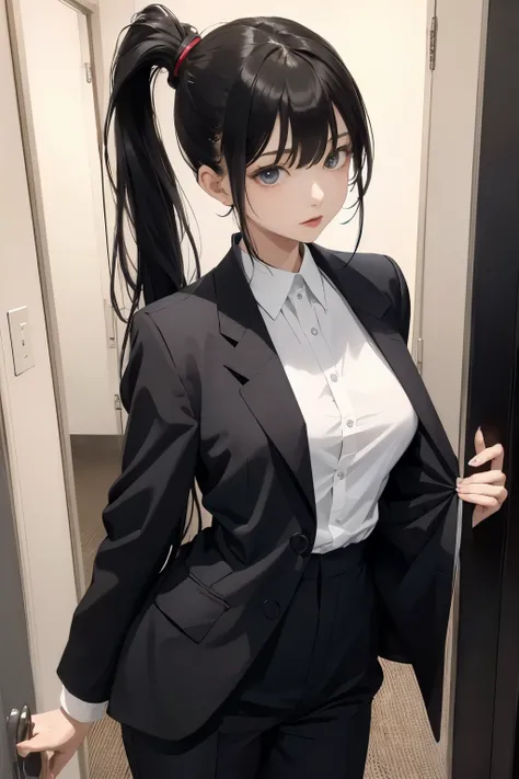 masterpiece, 1girl,18 years old,small,pale skin,black suit,large breasts、 ponytail、bangs、 long pants 、 jacket、 white shirt