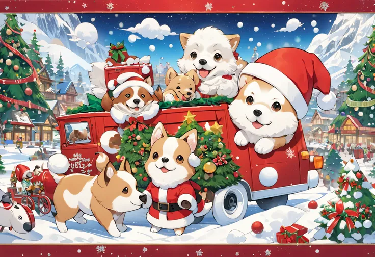 arafed dog in a santa hat with a christmas tree and a red truck, クリスマスツリーの前でポーズをとるsantaクロースの衣装を着たエレイン・ハミルトン , シャッターストック,   naive art , Cheerful, Cutest, 8k, Bella, 8k yen, , 8k yen 4 k, ( very detailed, Arctic, santa,  Cute Dog Picture , Mixed Art