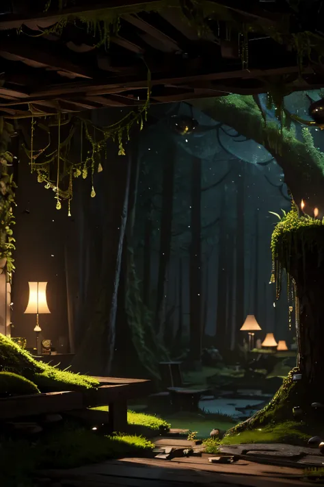 masterpiece,  top quality, ( Highly Detailed 8k Wallpaper), ( top quality), ( best illustrations), (Best Shadow), Moss-covered mushroom house ， fireflies， The room is covered with starlight，petal, Isometric 3D,  octane render , Ray Tracing , super detailed...