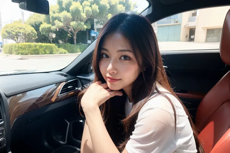 Incredible beauty、 pretty girl, Sitting next to a convertible, Drive along a beautiful seaside road , Her hair is shaking a lot in the strong wind