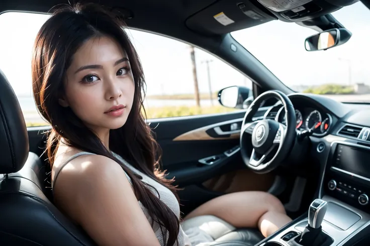 Incredible beauty、 pretty girl, Sitting next to a convertible, Drive along a beautiful seaside road , Her hair is shaking a lot in the strong wind