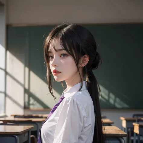 ((masterpiece)), ((best quality)), ((ultra-detailed)),((hyperrealistic)),shiny skin,1girl,,(((swept bangs))),hair intakes ,((black hair)),long hair,straight hair,sidelocks,sideburns,((dark purple eyes)),medium breasts,,school uniform,white shirt,red tie,cl...