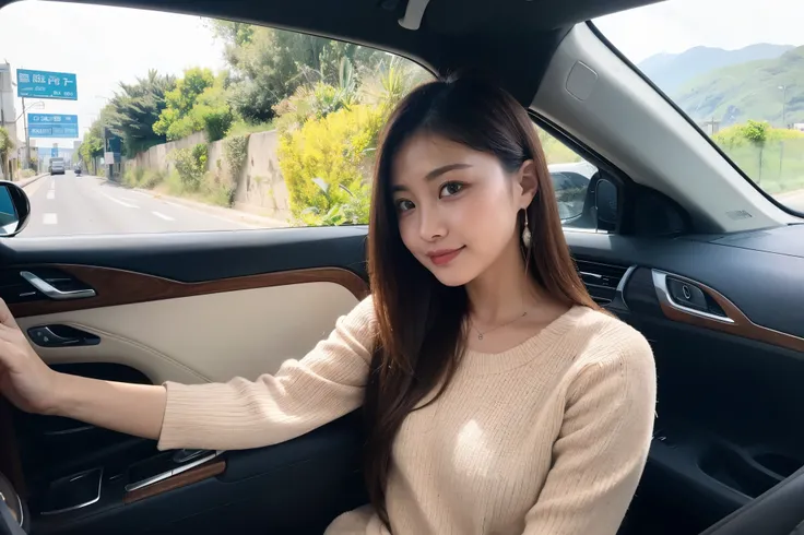 Stunningly beautiful girl, Sitting next to a convertible, Drive along a beautiful seaside road ,  her hair fluttered so much in the strong wind!