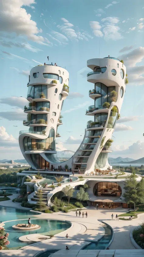 Building design , clean, realistic. cars, Hotel design, day light , outstanding, single tall building, blue sky. City and mountain at the background , people on walkways, gardens
