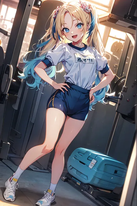 Cowboy shot,(hand on hips:1.3),1girl,solo,osawa rurino,blue eyes, hair ornament,long hair,(parted bangs, forehead),((two-tone hair,blonde hair,light blue hair,curly hair,twin tails)), (white gym shirt, short sleeve,gym uniform,dark blue buruma:1.5),thighs,...