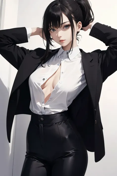 masterpiece, 1girl,18 years old,small,pale skin,black suit,large breasts、(short lowponytail)、bangs、 long black pants 、 Black Jacket 、 white shirt