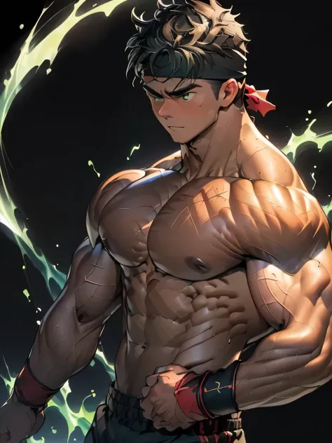 ((masterpiece, best quality, stalwart, (Depth of field:1.2))), (((((black background, deep night, upper body, side shot:1.2, dynamic angle))))), (worm green eyes, Young boy, muscler, Shirtless, topless), ((((1boy, solo:1.2, flesh, tough, reliable, develope...