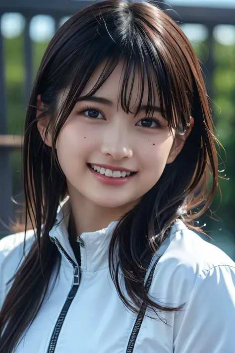 (8k,   RAW photos ,   best quality ,  Its high definition  :1.1), ( superrealistic:1.4),(Realistic, Realistic:1.3),  Japanese Beauty、濃い black hair、 smile、 beautiful alignment of teeth、 upper body、fencing team - white fencing jacket 、白いマスク