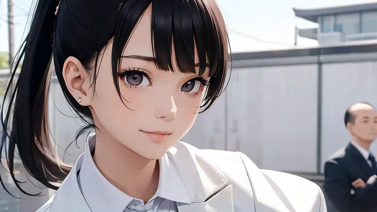  Slender Woman　 Japanese　 in a suit 　Its pointing over here　 ponytail　Look straight ahead and smile　  bangs that are on the forehead are about half the length of the forehead　 long dark hair 　 ponytail anime beautiful girl　The background is all white