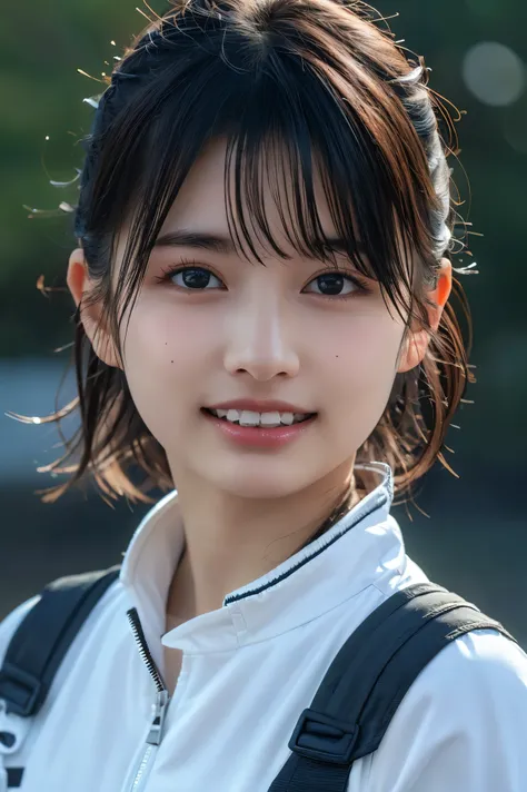 (8k,   RAW photos ,   best quality ,  Its high definition  :1.1), ( superrealistic:1.4),(Realistic, Realistic:1.3),  Japanese Beauty、 濃いblack hair、 、 beautiful alignment of teeth、 upper body、fencing team - white fencing jacket 、口に白いマスク