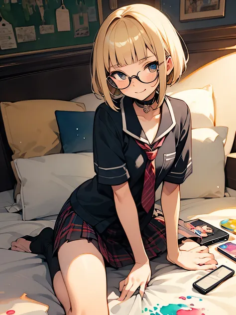 nsfw,Alone,(Sexy Model Pose),blonde pixie cut,undercut,(blunt bangs),glasses,cute face,sexy, sexy School Teacher Lingerie Costume,Schoolgirl Roleplay Outfit with Plaid Skirt & Choker Tie, Single Bed、 smartphone 、Cool face、 cute fancy own room、Lonely、thirst...