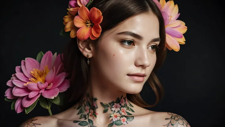 portrait,woman,  flowery dress, colorful,  dark background, flower armor , good anatomy,  best quality , ((( masterpiece ))),  high quality, realist,  best detailed , details,  realistic skin,  detailed skin, underboobs, tattoos,until