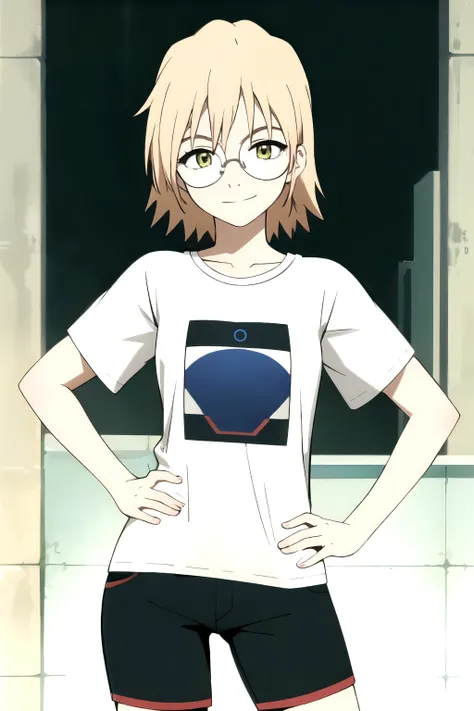 ((best quality)),((highly detailed)),masterpiece,absurdres,beautiful face,(detailed eyes, deep eyes),1girl, hands on hip, haruko, round glasses, Korean glasses, yellow eyes, blonde hair, short hair, white t-shirt, short pants, looking at viewer, smirk, sta...