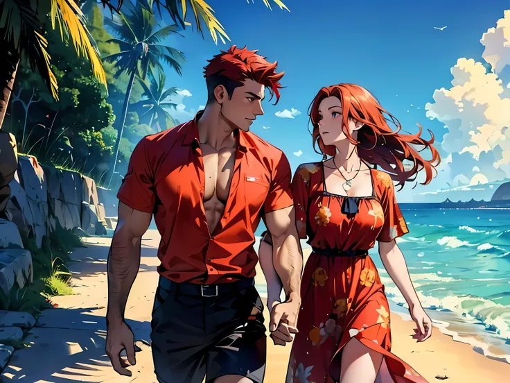 Muscular guy with red hair and red eyes walks hand in hand with brown hair, blue eys adult girl. They walk together at the dawning beach. The guy is dressed in a blue unbuttoned shirt. The girl is dressed in a long yellow dress. The sky and ocean are in pi...