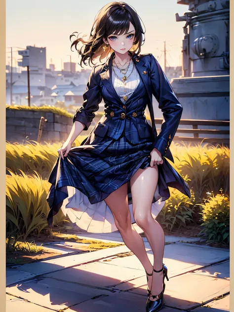 (1girl, masterpiece:1.5),(full body, best quality, highest quality, Highest Resolution, ,Detailed depiction, Detailed Images:1.3),4K,Beautiful woman, (stockings, high heels), Detailed depiction of faces, small earrings, necklace, (Navy blue military jacket...