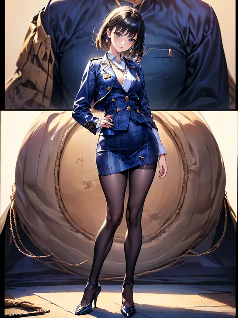 (1girl, masterpiece:1.5),(full body, best quality, highest quality, Highest Resolution, ,Detailed depiction, Detailed Images:1.3),4K,Beautiful woman, (stockings, high heels), Detailed depiction of faces, small earrings, necklace, (Navy blue military jacket...