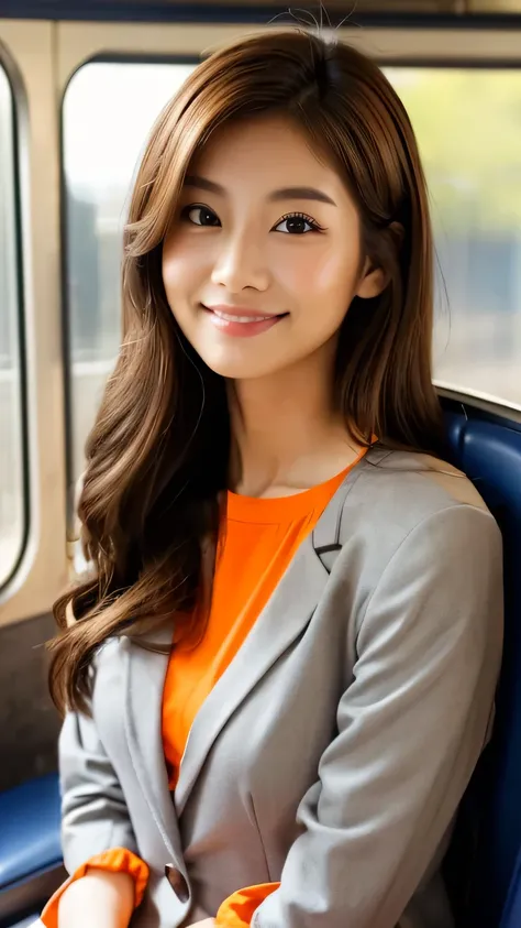  grey suit+ orange blouse、 long hair on background、front