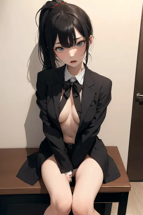 masterpiece, nsfw,1girl,18 years old,small,pale skin,black suit,large breasts、(short lowponytail)、bangs、 Black Jacket 、 white shirt、spread pussy,blush,embarrassed,sex,sitting