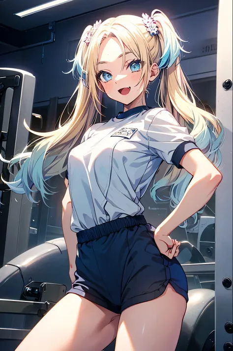 Cowboy shot,(hand on hips:1.3),1girl,solo,osawa rurino,blue eyes, hair ornament,long hair,(parted bangs, forehead),((two-tone hair,blonde hair,light blue hair,curly hair,twin tails)), (white gym shirt, short sleeve,gym uniform,dark blue buruma:1.5),thighs,...