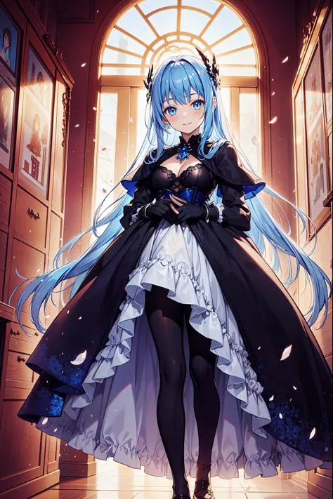  teen girl ，Obsessed， Have Fun ，in love， The princess wears a white fantasy world dress， in the hallway，大cloak， Blue Hair ， gradient hair， blue eyes ， small number of lilac patterns ，Gemstone decoration， petal-side sleeves ，shawl，cloak，gloves lace， transpa...