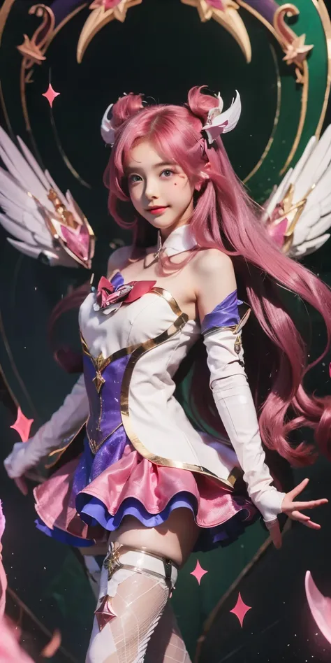 kaisasg, 1girl, star guardian (league of legends), long hair, solo, wings, skirt, gloves, white gloves, elbow gloves, bare shoulders, bangs, magical girl, purple skirt, pink hair, very long hair, magic, red hair, purple eyes, horns, moon, sky, star (symbol...