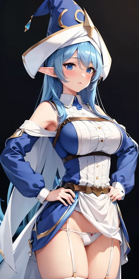 1 Female,High definition,high resolution,Ultra-realistic,8K, 1girl, blue hair, blue eyes, elf ears, wizard hat, white dress, large breasts,European,sexy,Photographed from the front,Dynamic Angles,(blush), (medium tits) ,(hands on hips),(white panties) 