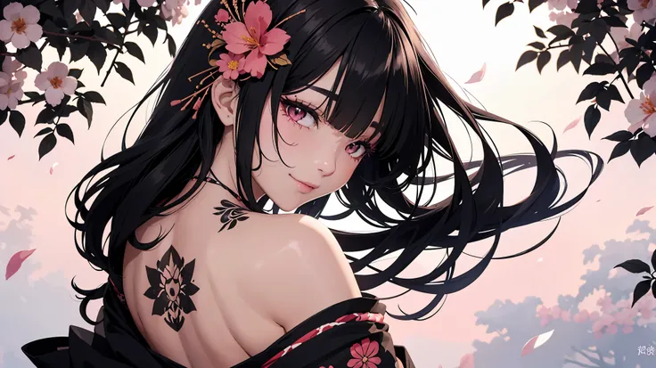 score_9, score_8_up, score_7_up, Japanese teenage girl, floral kimono, exposed shoulders, from behind, beautiful face, thick eyelashes, glossy eyes, black hair, cute smile, dark eyeshadow, shoulders tattoos, back tattoos, floral decoration in hair, falling...