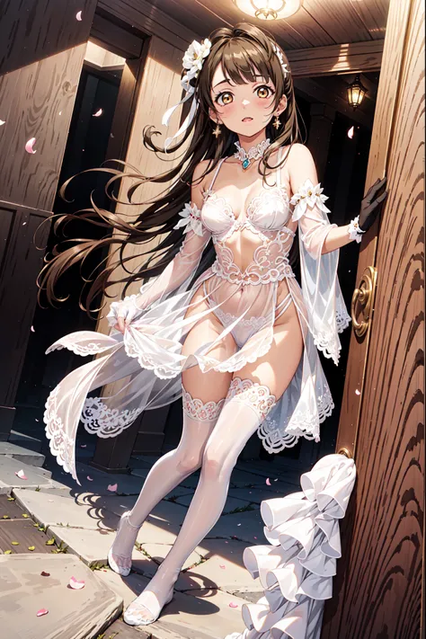  teen girl ，Obsessed， Have Fun ，in love， The princess wears a white fantasy world dress， in the hallway，大cloak， brown hair， golden eyes，A small amount of pink pattern，Gemstone decoration， petal-side sleeves ，shawl，cloak，gloves lace， transparent pleats ，See...