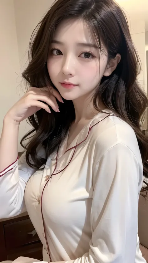 （宽松的pajamas，吊带pajamas）（Wavy curly hairstyle ）（ highest image quality） Exquisite facial features ，（ upper body close-up ） looking at the camera in a charming way，pajamas，包裹胸部的pajamas， huge breasts， 36-year-old middle-aged woman ，Like drunk，（8k quality） A ha...