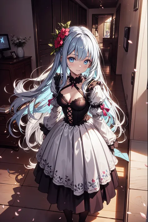  teen girl ，Obsessed， Have Fun ，in love， The princess wears a white fantasy world dress， in the hallway，大cloak， Blue Hair ， gradient hair， blue eyes ， small number of lilac patterns ，Gemstone decoration， petal-side sleeves ，shawl，cloak，gloves lace， transpa...