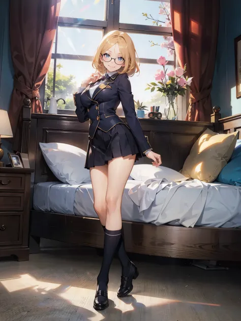 anime - style illustration of a woman in a high school uniform, anime character, official character art, trending on e-girl, feminine, full body, female anime girl, Posing:1.5, parted bangs, glasses, (tanned:1.0), looking at viewer, smile:1.5, on the bed, ...