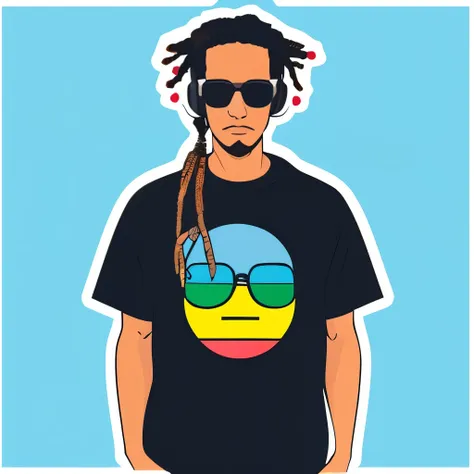 print、(Illustration style)、(highest quality)、 sunglasses、 headphones 、 casual、((POP ART))、 colorful 、 dreadlocks