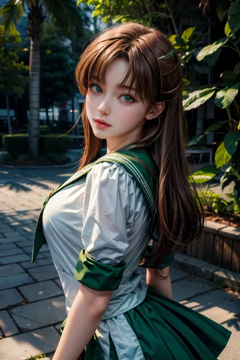  1 girl green sailor suit,big , Brown Hair,  green eyes,high res,Hyperrealistic,  super detailed 