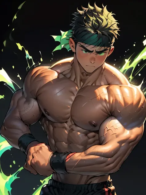 ((masterpiece, best quality, stalwart, (Depth of field:1.2))), (((((black background, deep night, upper body, side shot:1.2, dynamic angle))))), (worm green eyes, Young boy, muscler, Shirtless, topless), ((((1boy, solo:1.2, flesh, tough, reliable, develope...