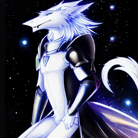 anthro male sergal with black fur, silver muzzle and chest, is a holy knight, wearing shining white and gold armor. The background is galactic themed and has a mix luminous and radiance lighting.