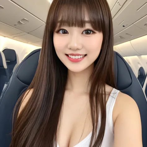 (Shooting from the waist up)　(Big Breasts)　((highest quality)), ((masterpiece)), (Get used to it)　Perfect beautiful face　(The most beautiful 24-year-old Japanese in Japan)　　(She stands tall in the aisle of the plane., To the audience, With perfect posture)...