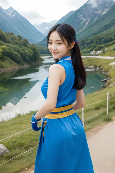 masterpiece, highest quality, default lin, blue clothes, pelvic curtain, sash, fingerless gloves, Are standing, looking at the viewer, stream, plain, Mountain, (from behind), smile, calm expression  