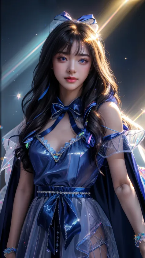 4K, UHD, masterpiece, Best quality, 1 girl, detailed face, detailed eyes, realistic Eyelid, Kda, Alone, very Long hair, small breasts, (blue sparkle ribbon), ((mesh ribbon)), ((ribbon cape)), in the bedroom, looking at viewer, Multicolored glowing crystals...