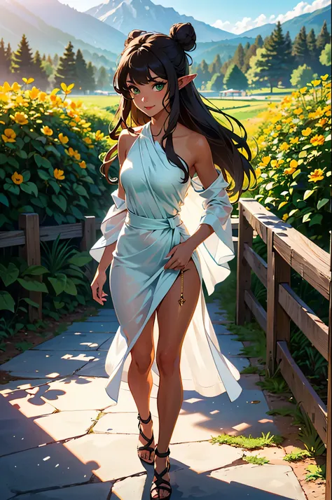 masterpiece, high quality, illustration, extremely detailed, cg unity 8k, ((summer: 1.4)), 1_woman, walking, (full body) (tan exotic skin_complexion:1.4), mature, statuesque, beautiful, exotic, with long elf ears, smiling, (((looking away from viewer))), (...