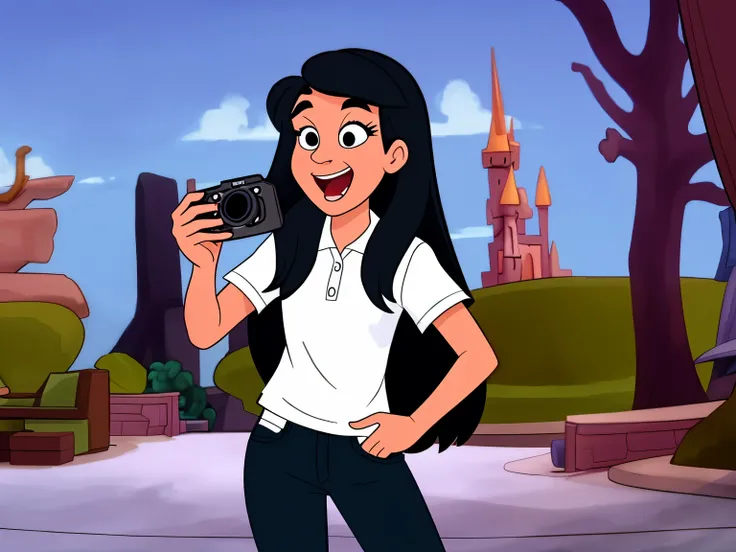 Disney 2D animation: young girl holds camera in front of her face, long black hair, happy expression, wearing a polo shirt, blue jeans, white sneakers. full body, general scene, long shot, best quality: sharp focus, extreme detail description, professional...