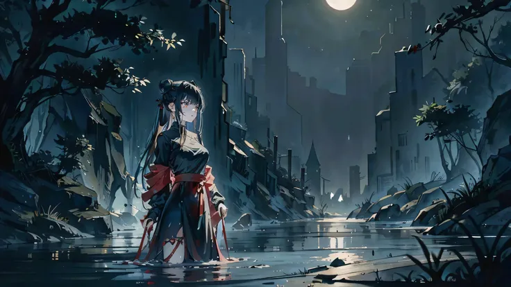 girl in black dress, standing by river, motionless, emotionless, knives, blood stains, black hair, dark, night, full body, scary, ripped clothing, scars, hair in twinbuns, night, staring at girl lying in river, in water, raining, dark, close up, beautiful ...