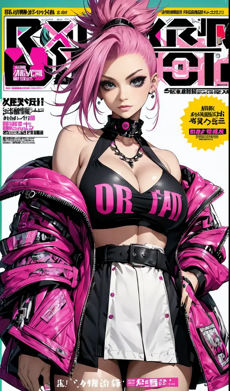 Best quality, Works of masters, A high resolution, 1girl, Super beautiful face, super beautiful eye, Super beautiful pink mohawk hair，(MagazineCover:1.2)，Trendy Harajuku-inspired rock outfits，Expose shoulders, accentuated super huge enormously gigantic , c...