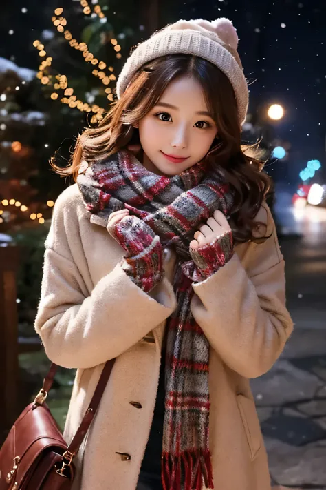 Going on a Christmas date in a place with a beautiful night view Winter wearing a stylish coat, loose, curly hair, wearing a scarf, snowing, looking, Christmas tree, cold gift