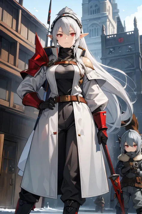 Grey Hair、female、One character、 Military 、 goggles on head、pants、 ponytail、 Long Coat、 small tits、 holding a long spear is hiding its mouth with a muffler、 random expression、He is tall,Combat Armor、 red eyes、war hammer、 elf ears、Ride on Dragon、shield